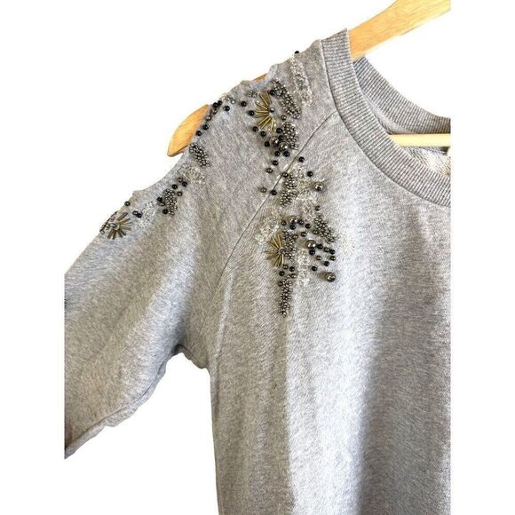 Anthropologie Deletta Cold Shoulder Beaded Embellished Grey Sweatshirt Sz PS EUC - Picture 2 of 12